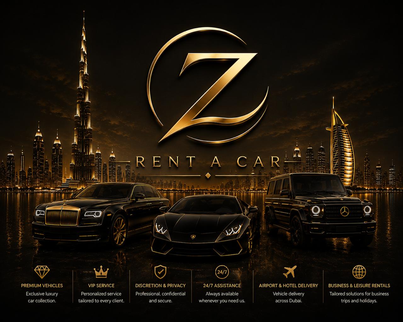 Z Rent A Car luxury fleet — Rolls-Royce, Lamborghini and Mercedes G-Class in front of the Dubai skyline