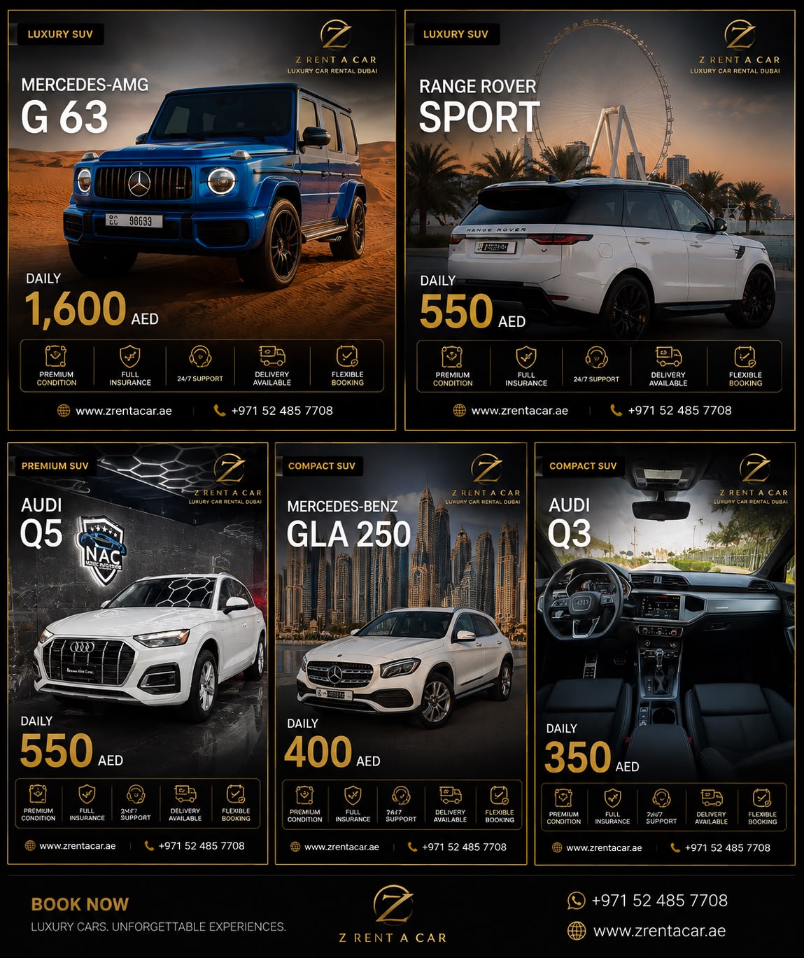 Luxury SUV rental offers in Dubai — Mercedes G63, Range Rover Sport, Audi Q5, GLA 250 and Audi Q3 daily rates