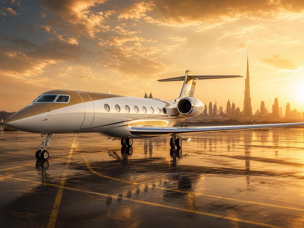 Gulfstream G650 private jet at Dubai airport golden hour