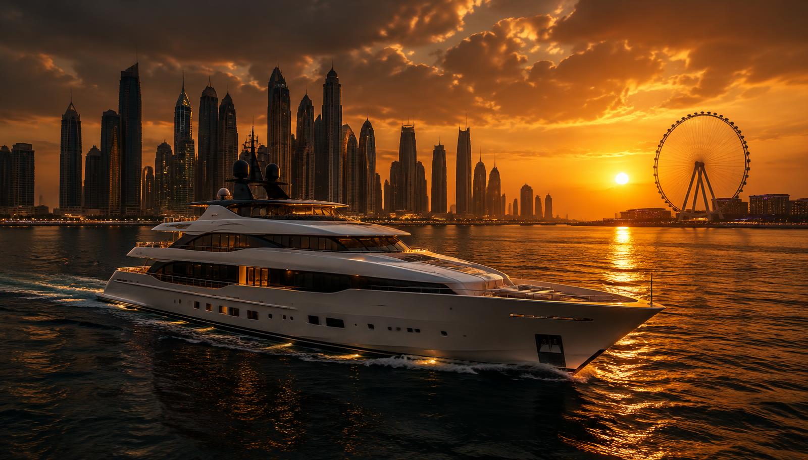 Luxury yacht at sunset in Dubai Marina